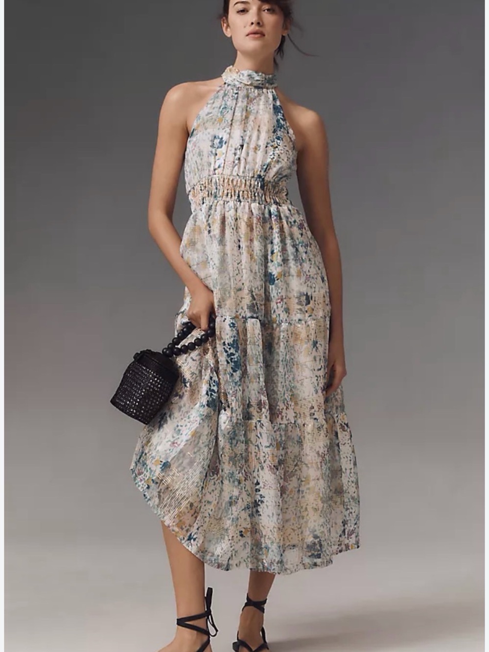 Anthropologie Floral Halter Midi Dress in Cream and Blue size small